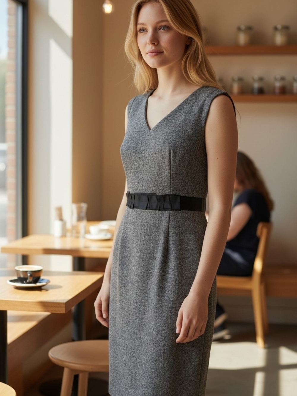 Banana Republic Gray V-Neck Sleeveless Sheath Dress with Black Waist Accent